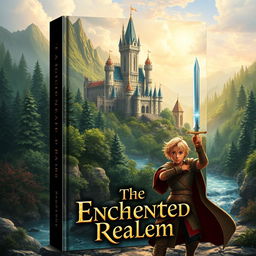 Create a book cover featuring an enchanting fantasy world with a majestic castle in the background, lush forests, and a sparkling river