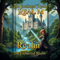 Create a book cover featuring an enchanting fantasy world with a majestic castle in the background, lush forests, and a sparkling river