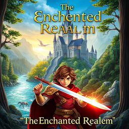 Create a book cover featuring an enchanting fantasy world with a majestic castle in the background, lush forests, and a sparkling river