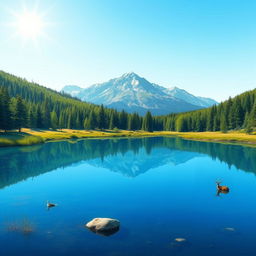 Create an image of a serene landscape featuring a clear blue lake surrounded by lush green trees and mountains in the background under a bright, sunny sky