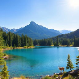 Create an image of a serene landscape featuring a clear blue lake surrounded by lush green trees and mountains in the background under a bright, sunny sky