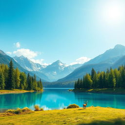 Create an image of a serene landscape featuring a clear blue lake surrounded by lush green trees and mountains in the background under a bright, sunny sky