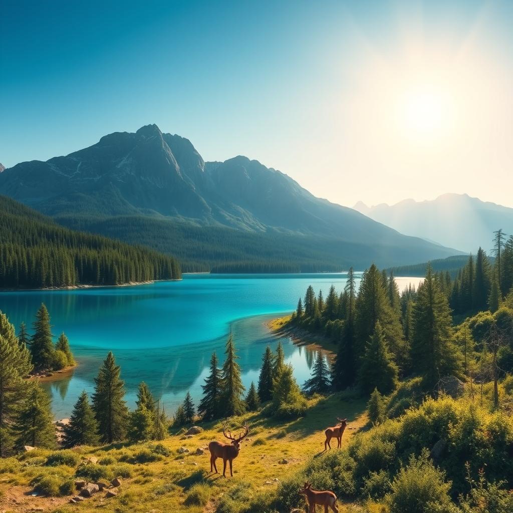 Create an image of a serene landscape featuring a clear blue lake surrounded by lush green trees and mountains in the background under a bright, sunny sky