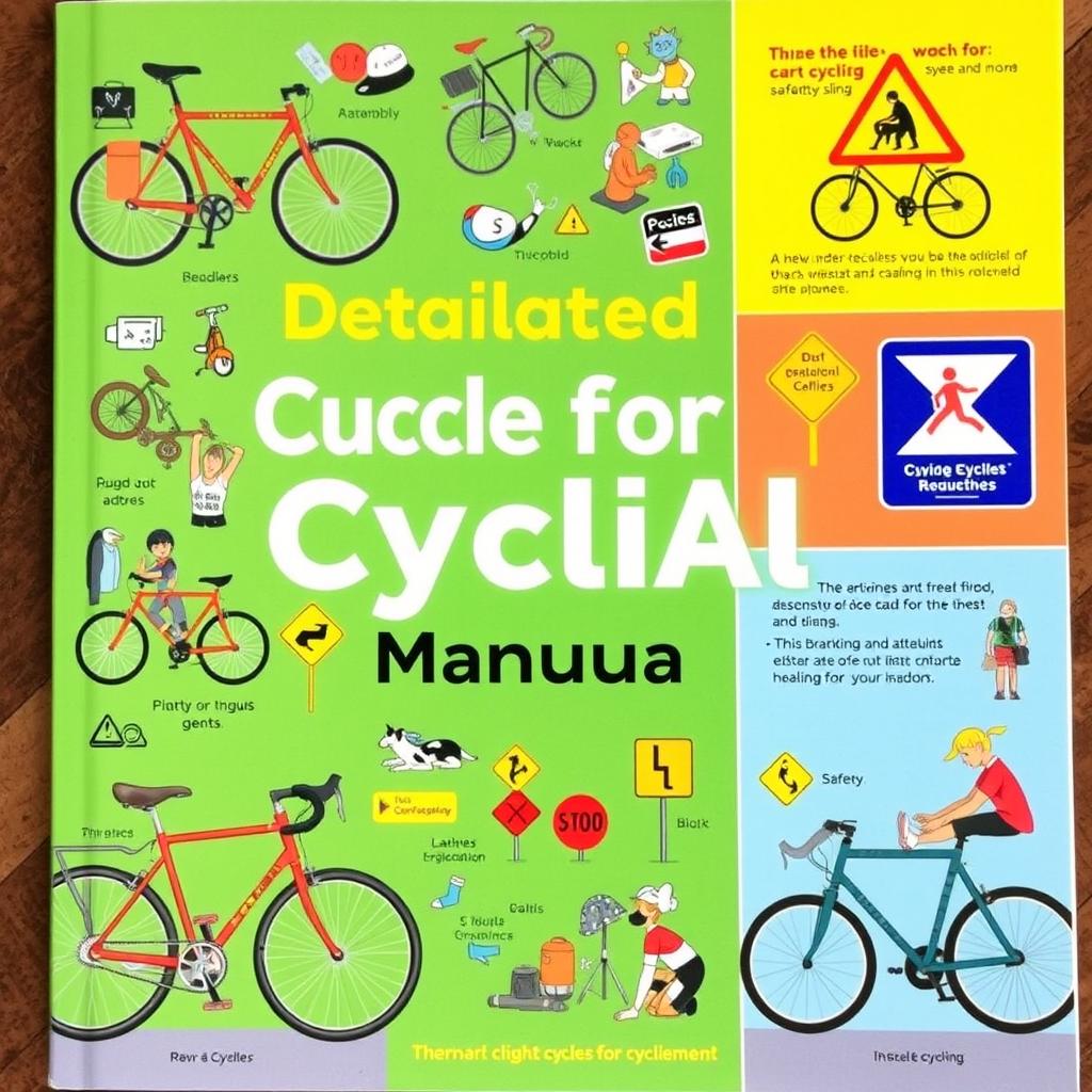 A detailed and colorful manual for cyclists, featuring illustrations of bicycles, safety gear, road signs, and tips for safe cycling