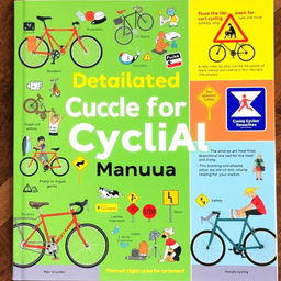 A detailed and colorful manual for cyclists, featuring illustrations of bicycles, safety gear, road signs, and tips for safe cycling