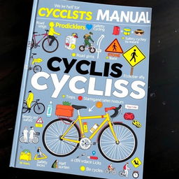 A detailed and colorful manual for cyclists, featuring illustrations of bicycles, safety gear, road signs, and tips for safe cycling