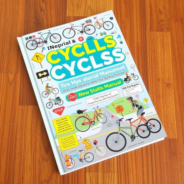 A detailed and colorful manual for cyclists, featuring illustrations of bicycles, safety gear, road signs, and tips for safe cycling