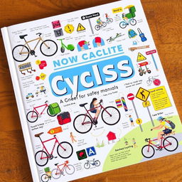 A detailed and colorful manual for cyclists, featuring illustrations of bicycles, safety gear, road signs, and tips for safe cycling