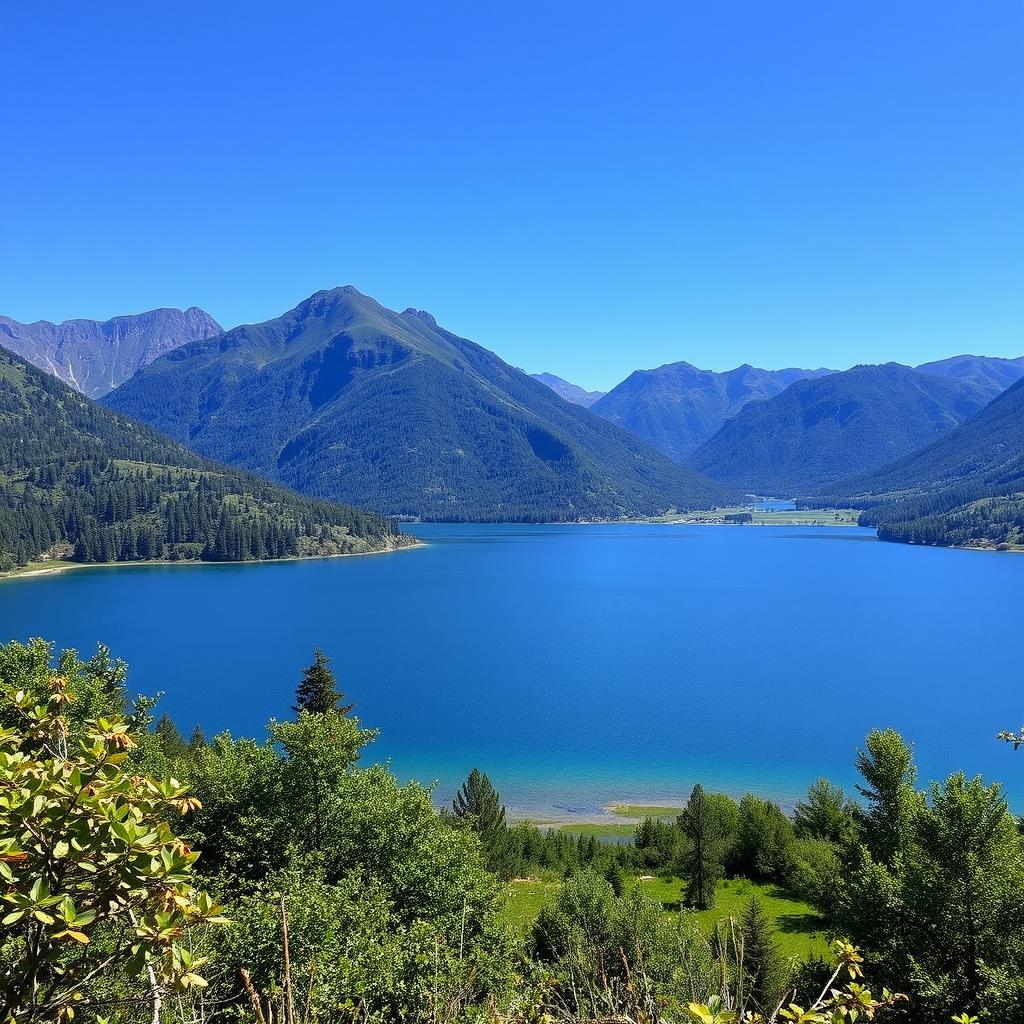 A beautiful landscape featuring a serene lake surrounded by lush greenery and mountains in the background under a clear blue sky