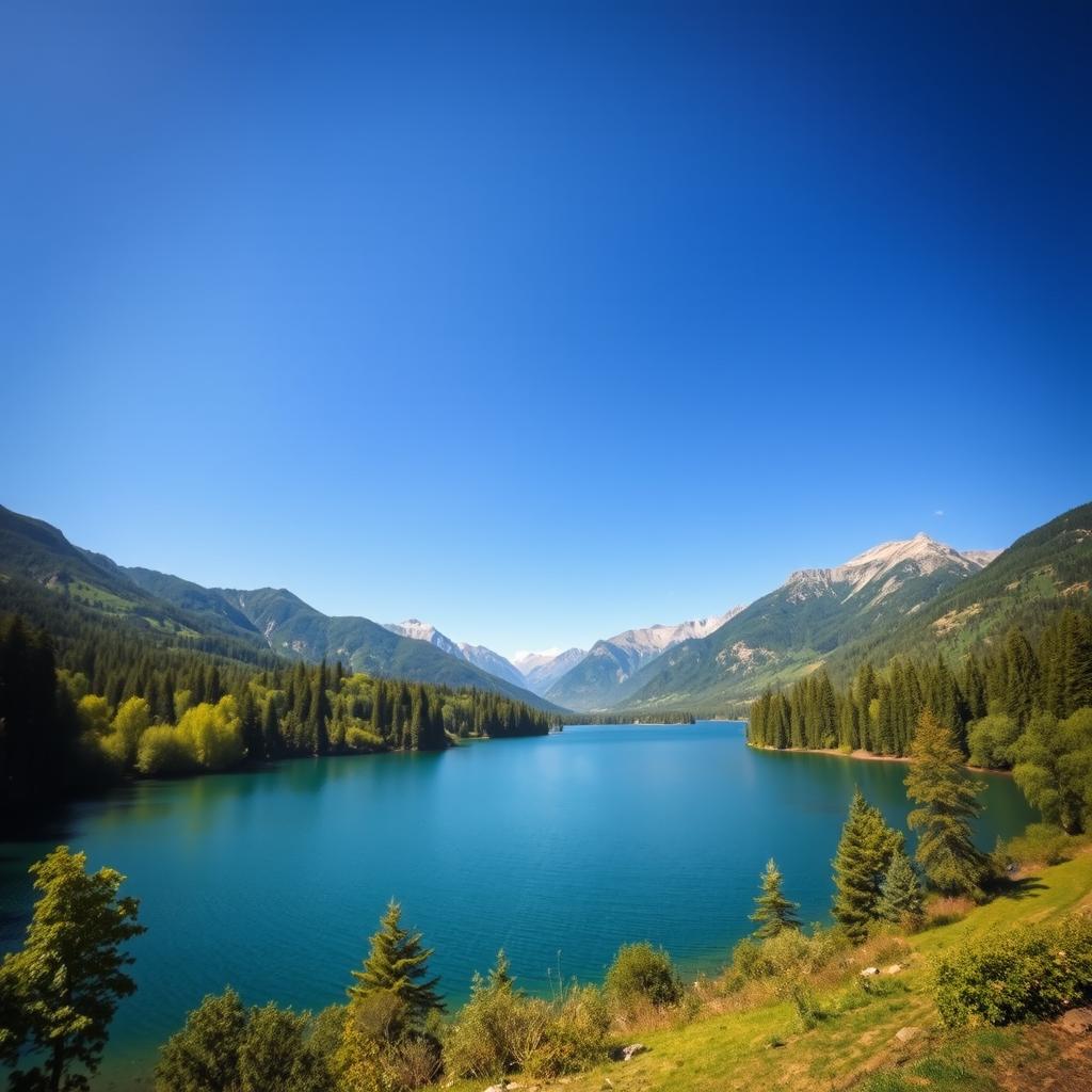 A beautiful landscape featuring a serene lake surrounded by lush greenery and mountains in the background under a clear blue sky