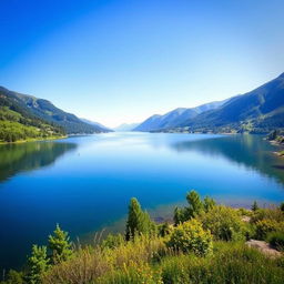 A beautiful landscape featuring a serene lake surrounded by lush greenery and mountains in the background under a clear blue sky