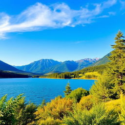 A beautiful landscape featuring a serene lake surrounded by lush greenery and mountains in the background under a clear blue sky