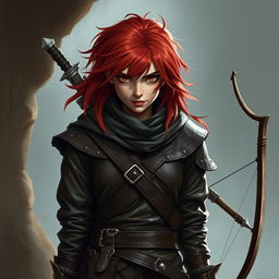 Create an image of a rogue character with red hair, wearing leather clothing