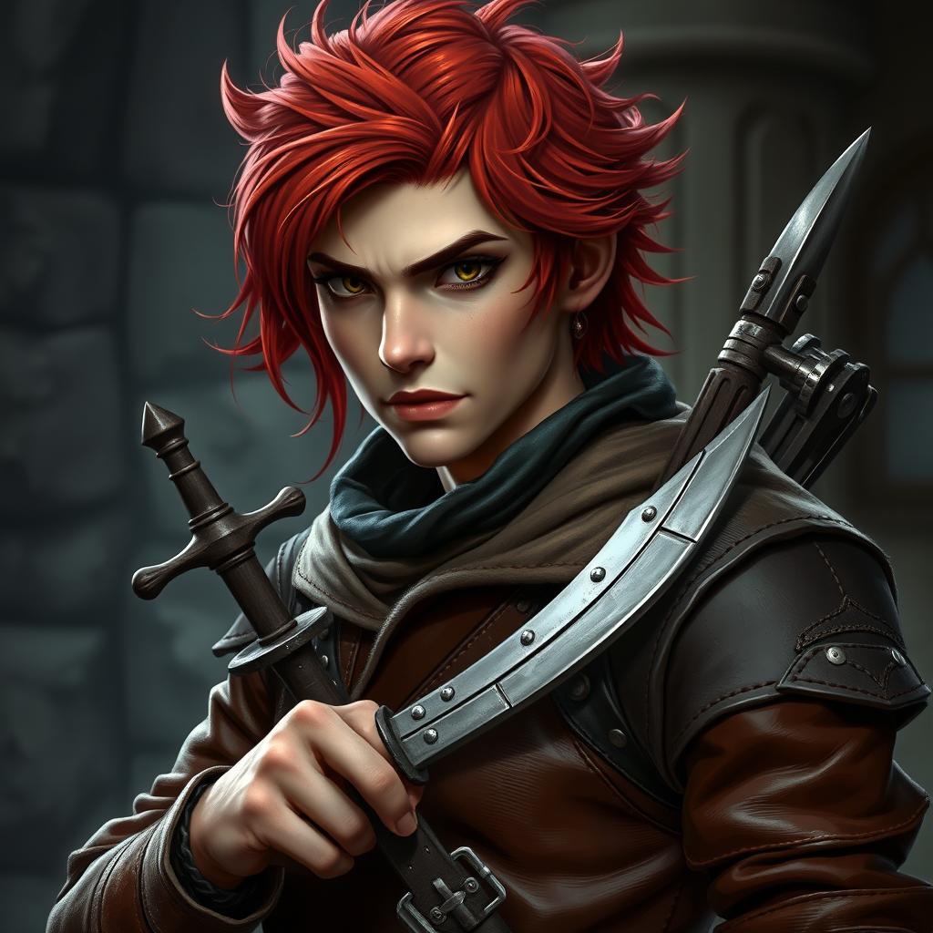 Create an image of a rogue character with red hair, wearing leather clothing