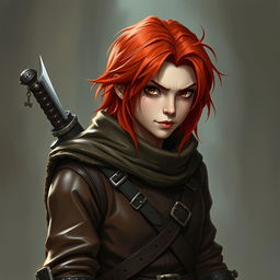 Create an image of a rogue character with red hair, wearing leather clothing