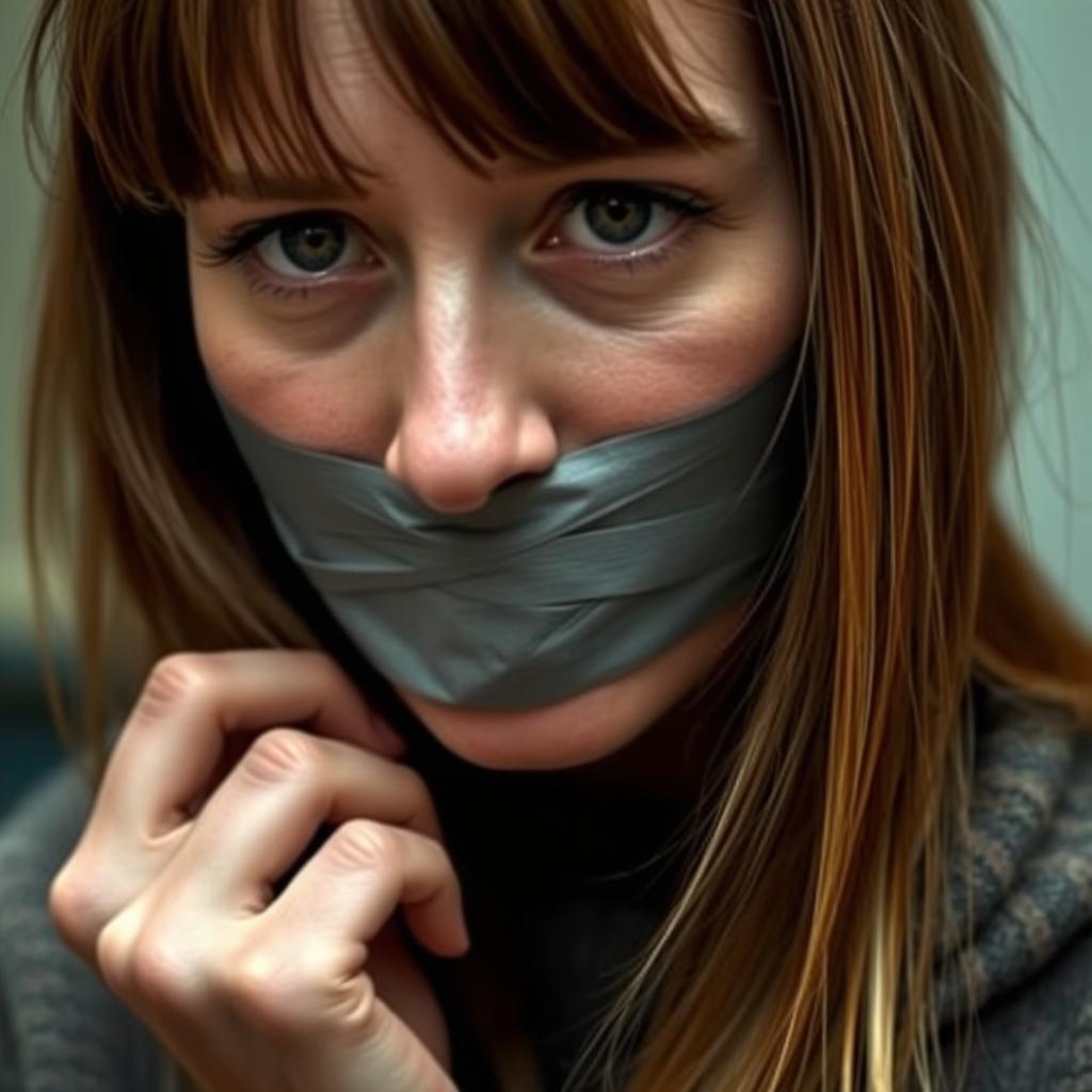 A woman with gray tape over her mouth, creating a gagged appearance