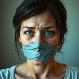 A woman with gray tape over her mouth, creating a gagged appearance