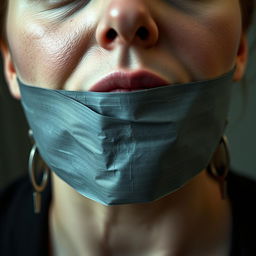 A woman with gray tape over her mouth, creating a gagged appearance