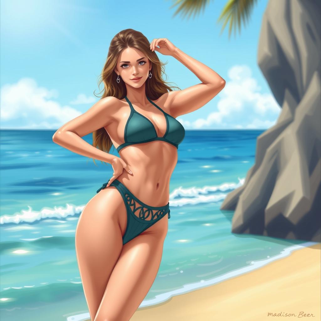 A detailed and realistic illustration of Madison Beer wearing a stylish bikini, posing confidently at the beach