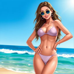 A detailed and realistic illustration of Madison Beer wearing a stylish bikini, posing confidently at the beach