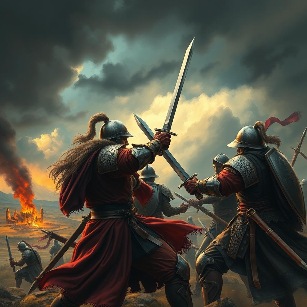 Create an image depicting an epic battle scene