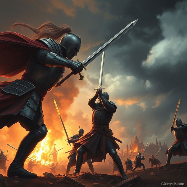 Create an image depicting an epic battle scene