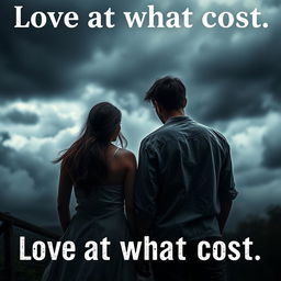 A dramatic scene depicting the theme 'Love at what cost,' showing two lovers standing apart with a stormy background, symbolizing the struggles and sacrifices made for love