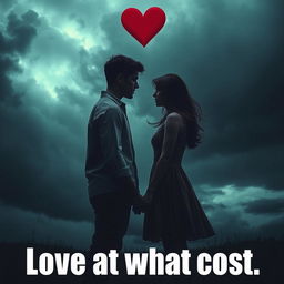 A dramatic scene depicting the theme 'Love at what cost,' showing two lovers standing apart with a stormy background, symbolizing the struggles and sacrifices made for love