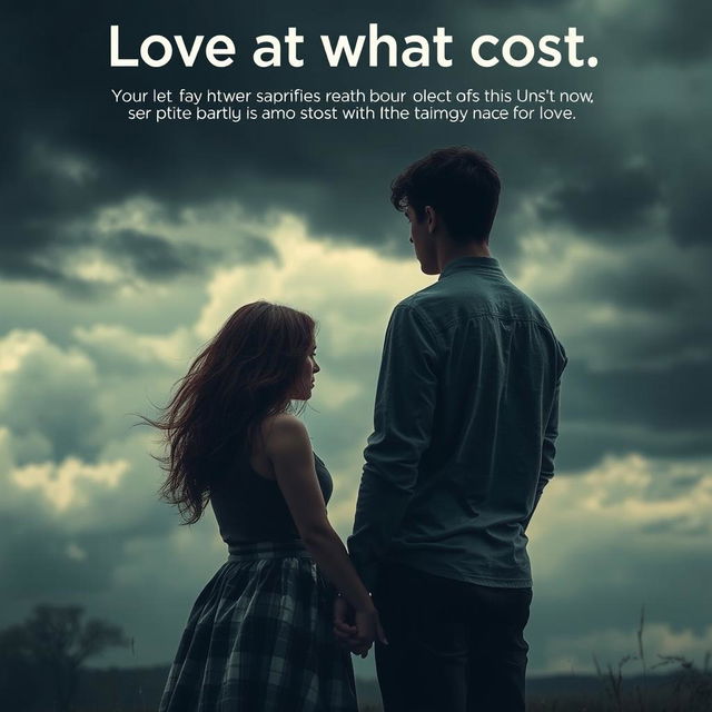 A dramatic scene depicting the theme 'Love at what cost,' showing two lovers standing apart with a stormy background, symbolizing the struggles and sacrifices made for love