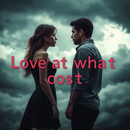 A dramatic scene depicting the theme 'Love at what cost,' showing two lovers standing apart with a stormy background, symbolizing the struggles and sacrifices made for love