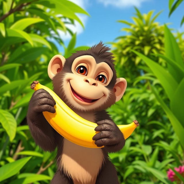 A cute monkey holding a banana in its mouth, standing in a lush jungle with vibrant green foliage