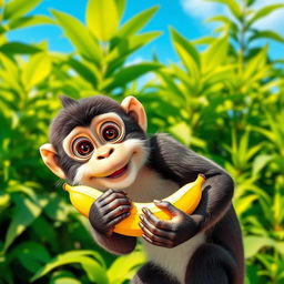 A cute monkey holding a banana in its mouth, standing in a lush jungle with vibrant green foliage