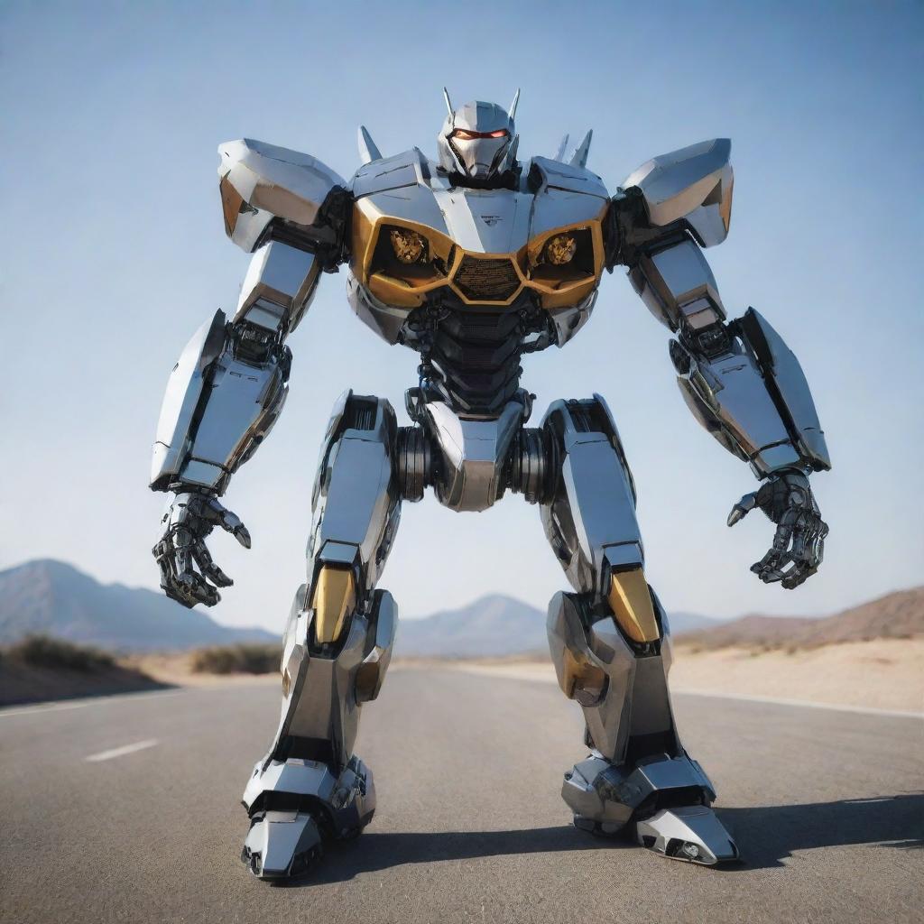 A detailed Lamborghini transformed into a high-tech mecha, boasting sleek lines, metallic sheen of the car's iconic style, but with robotic attributes like limbs, weaponry, and armor plating.