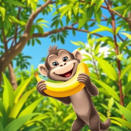 A cute monkey holding a banana in its mouth, standing in a lush jungle with vibrant green foliage