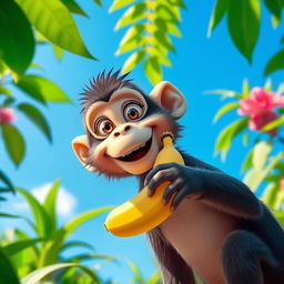 A cute monkey holding a banana in its mouth, standing in a lush jungle with vibrant green foliage