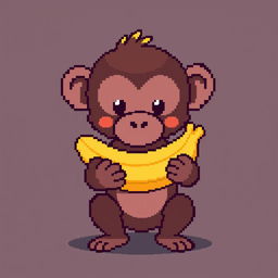 A pixel art image of a monkey holding a banana in its mouth