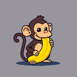 A pixel art image of a monkey holding a banana in its mouth