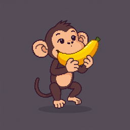 A pixel art image of a monkey holding a banana in its mouth