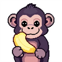 A pixel art image of a monkey holding a banana in its mouth