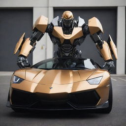 A detailed Lamborghini transformed into a high-tech mecha, boasting sleek lines, metallic sheen of the car's iconic style, but with robotic attributes like limbs, weaponry, and armor plating.