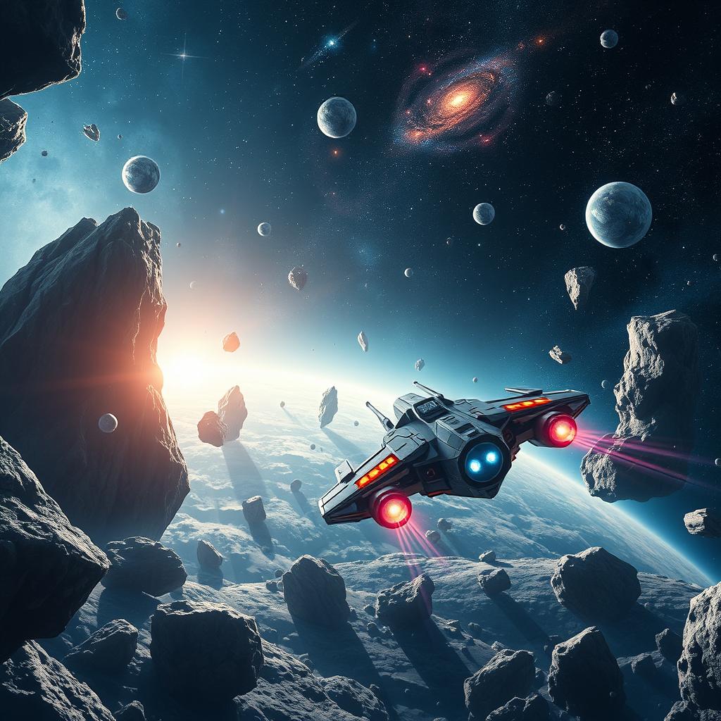 A stunning digital art scene of space exploration, featuring a futuristic spaceship navigating through an asteroid field with distant galaxies and nebulae in the background