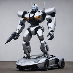 A detailed Lamborghini transformed into a high-tech mecha, boasting sleek lines, metallic sheen of the car's iconic style, but with robotic attributes like limbs, weaponry, and armor plating.