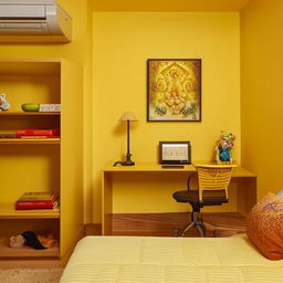 A light yellow room featuring a cosy bed, a study table, a bookshelf, a cupboard, a small sofa, and a beautifully detailed Ganesha fountain.