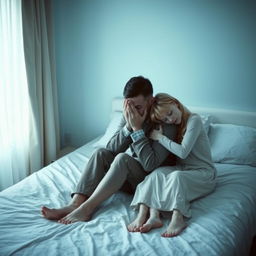 A mournful, forlorn, desperate man sitting on a bed in a frozen room, holding his face in his hands