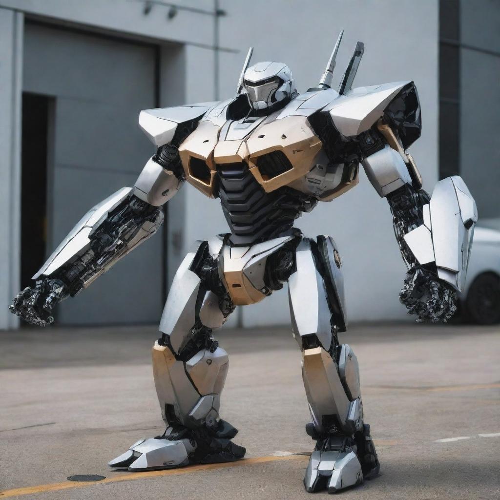 A detailed Lamborghini transformed into a high-tech mecha, boasting sleek lines, metallic sheen of the car's iconic style, but with robotic attributes like limbs, weaponry, and armor plating.