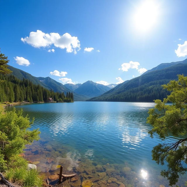 A beautiful landscape featuring a serene lake surrounded by lush green trees and mountains in the background