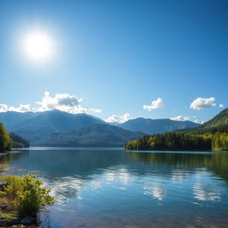 A beautiful landscape featuring a serene lake surrounded by lush green trees and mountains in the background