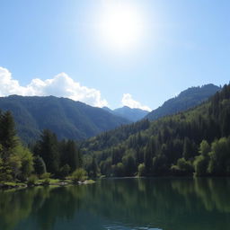 A beautiful landscape featuring a serene lake surrounded by lush green trees and mountains in the background