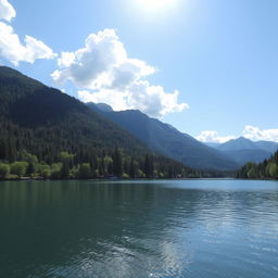 A beautiful landscape featuring a serene lake surrounded by lush green trees and mountains in the background