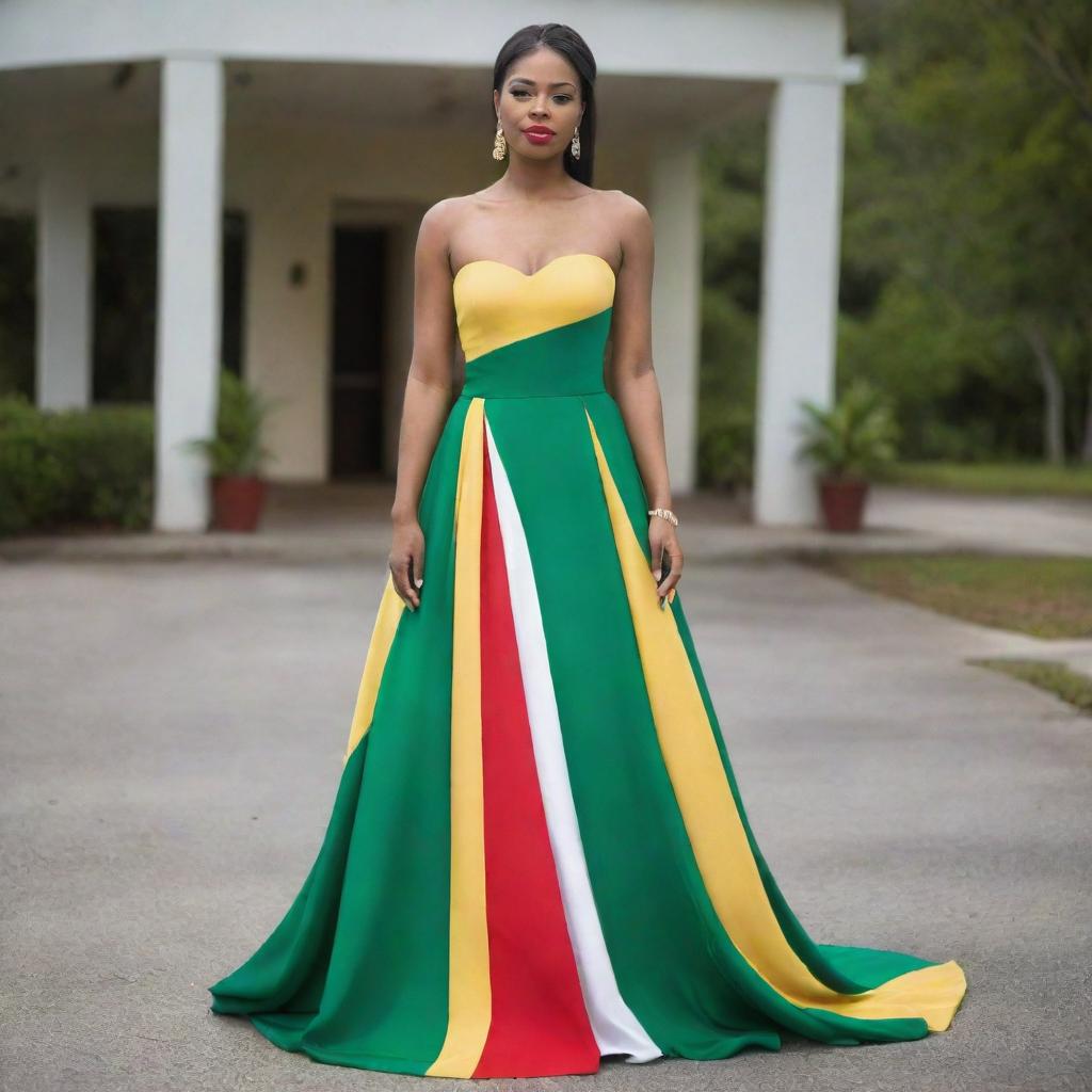 Elegant evening gown designed in the colors of the Guyana flag, with the hues of green, white, gold, black, and red artistically incorporated into the design.